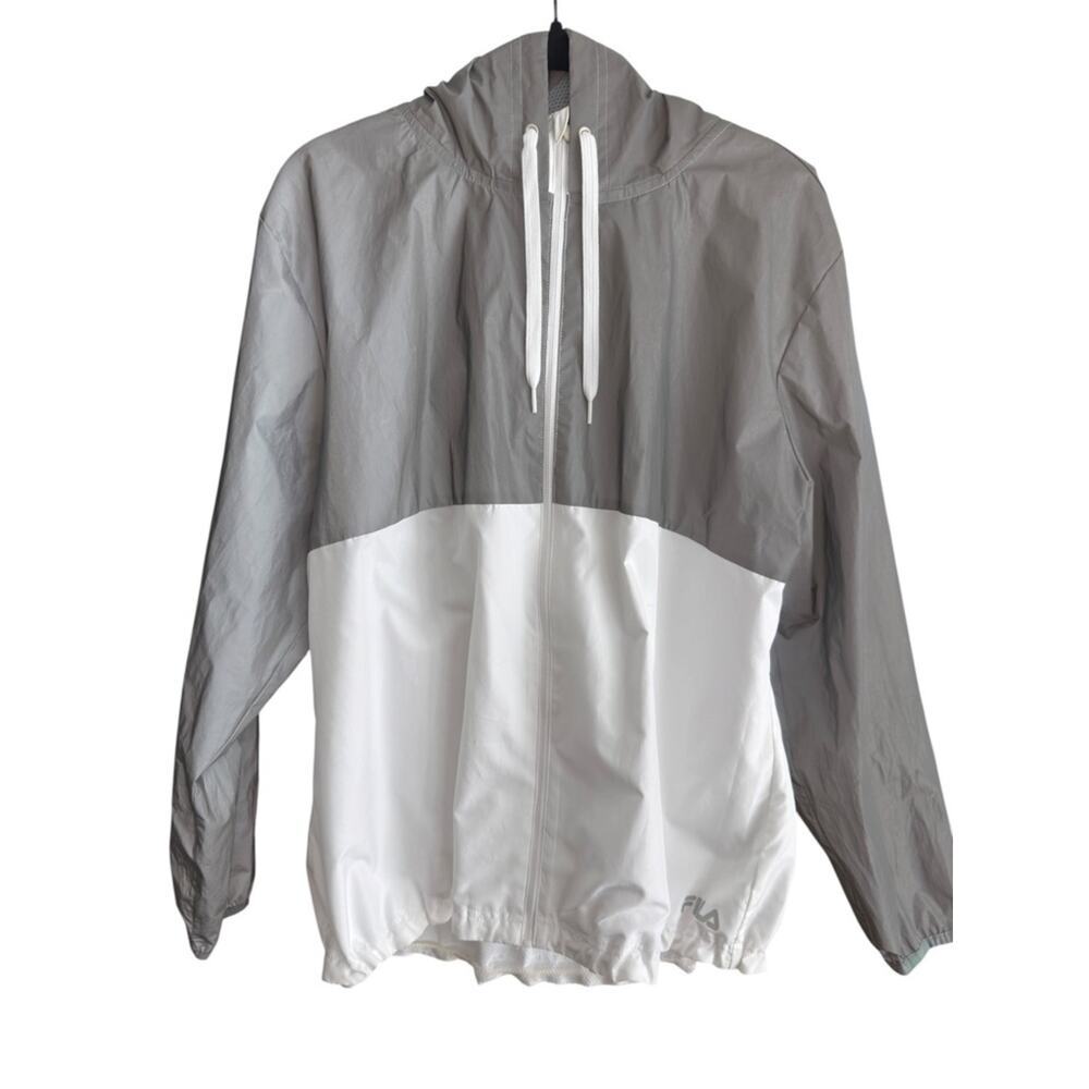 FILA Metallic Windbreaker Jacket Gray White Colorblock Hooded Techwear XL
